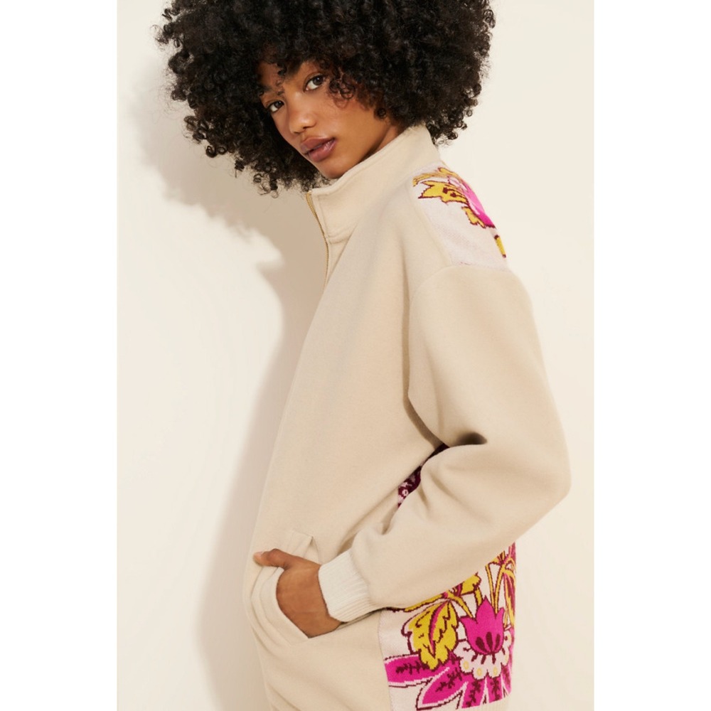 Anthropologie Tapestry Bomber Jacket M/L Cream Floral Knit Wool Blend Oversized - Picture 3 of 16